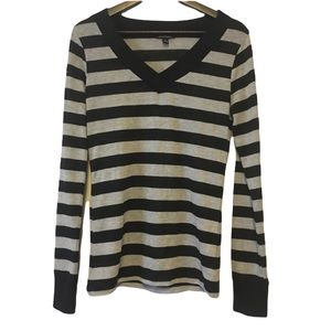 DNA Couture Gray Black Striped Vneck Sweater
